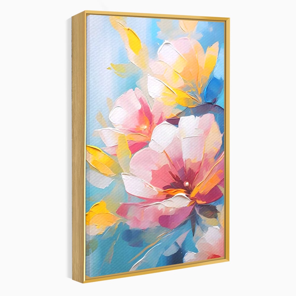 Tablou canvas cu tablou canvas cu flori roz, in rama de aluminiu auriu